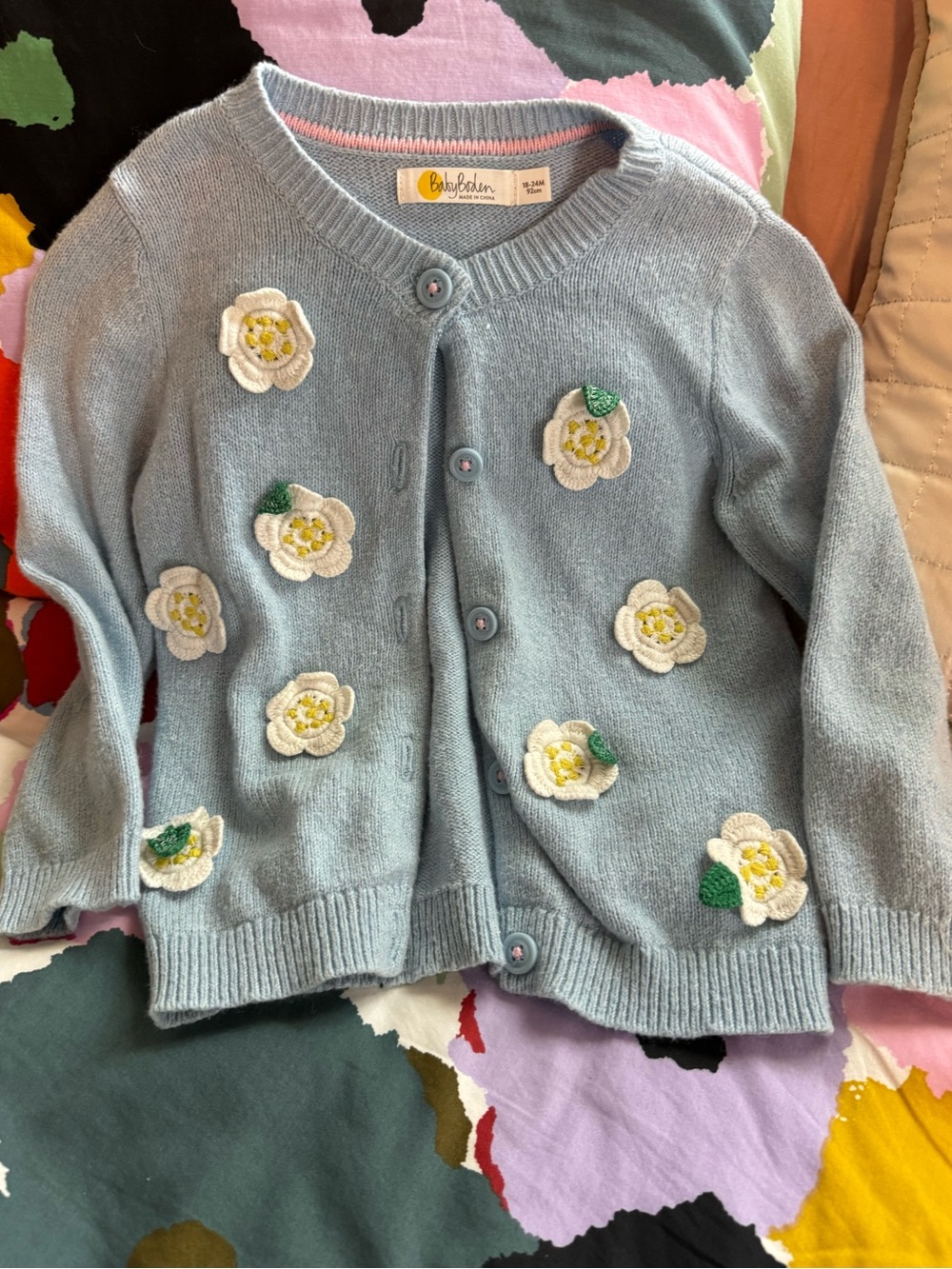 Baby Boden Girls' Light Blue 3-D Floral Appliqué Cardigan, 18-24 months